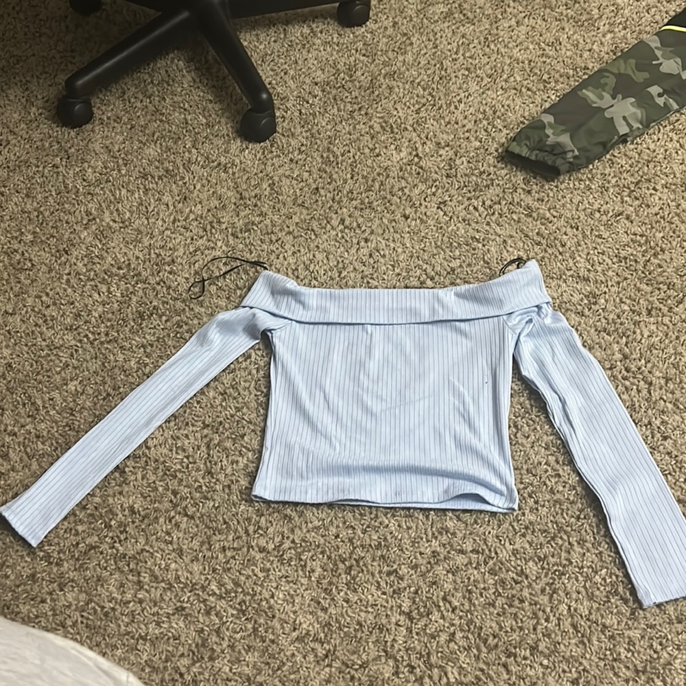 Off the shoulder blue shirt